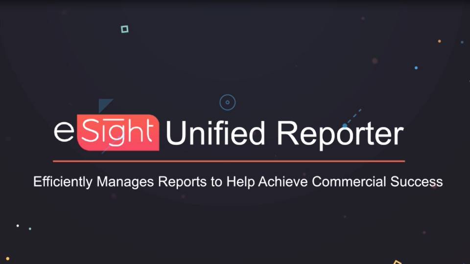 A dark poster with geometric shapes for the Huawei eSight Unified Reporter, which manages reports for commercial success